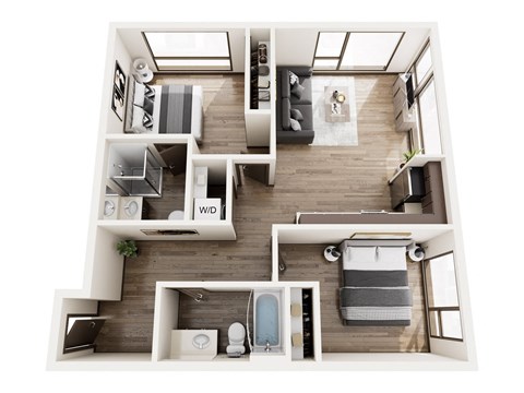 a 3d floor plan of a home with a bedroom and a living room